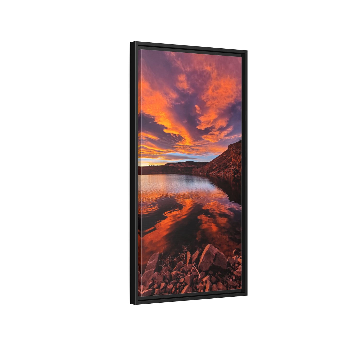 Framed Canvas Print - Colorful Sunset Reflection at Horsetooth Reservoir - Tall