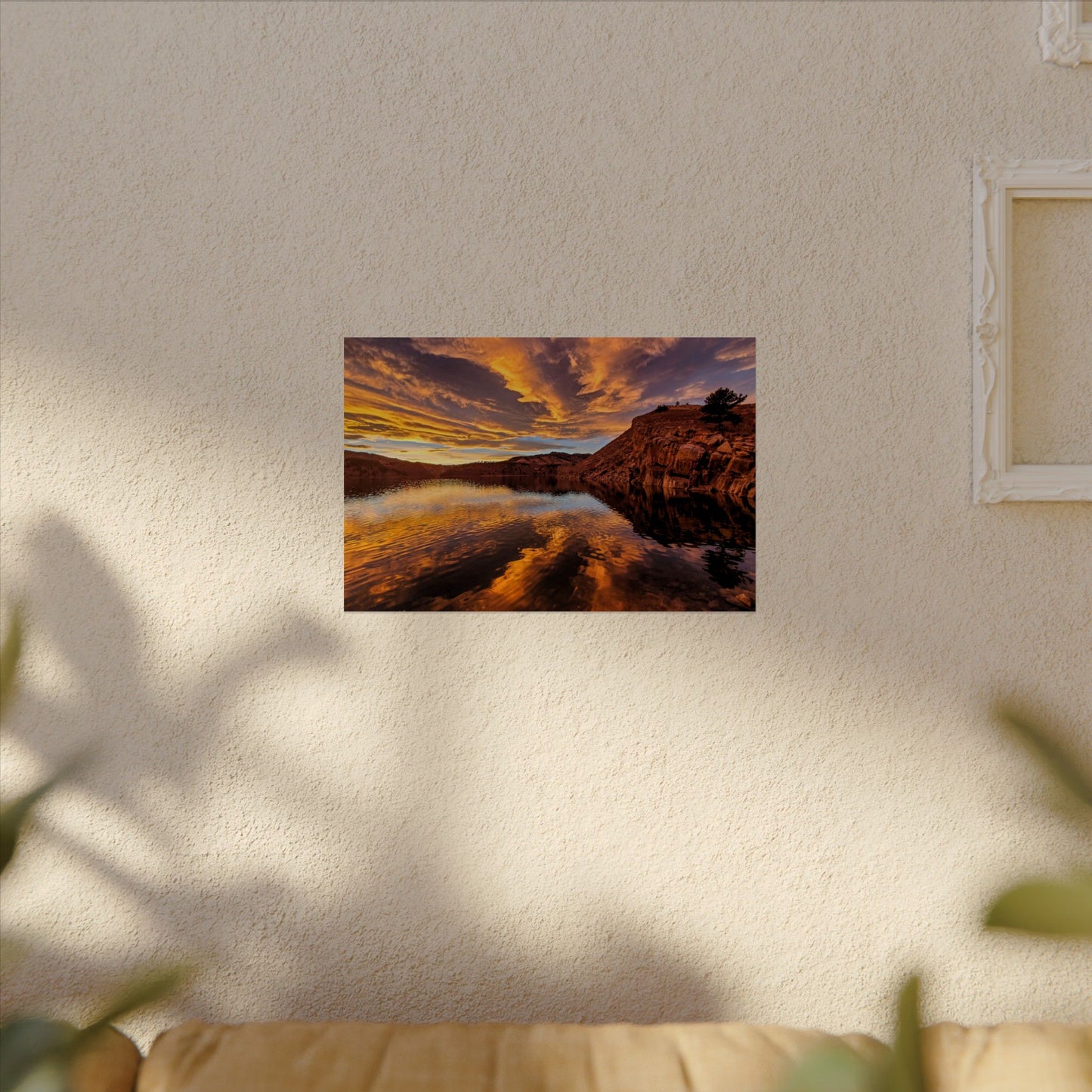 Textured Watercolor Poster - Colorful Sunset Reflection at Horsetooth Reservoir