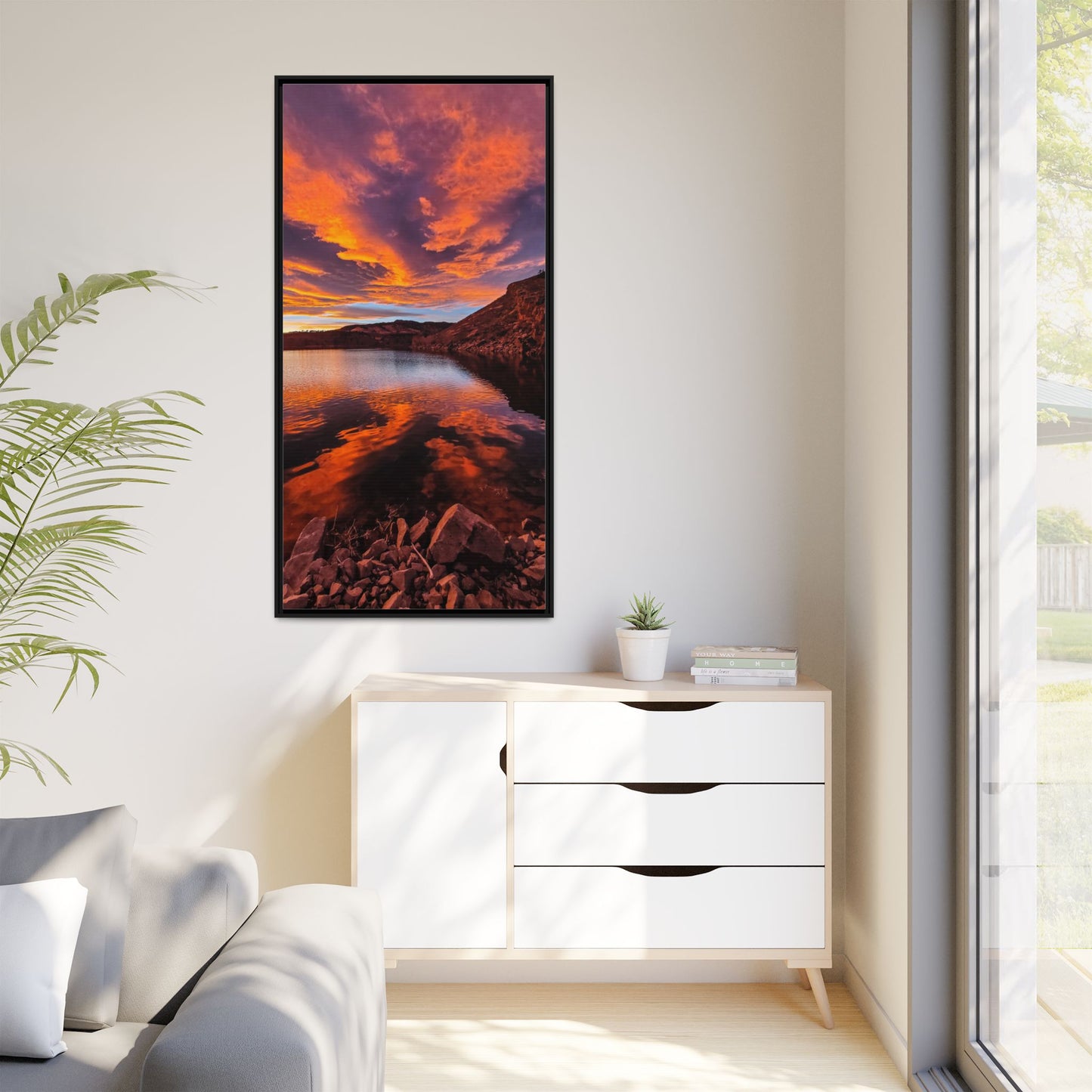 Framed Canvas Print - Colorful Sunset Reflection at Horsetooth Reservoir - Tall