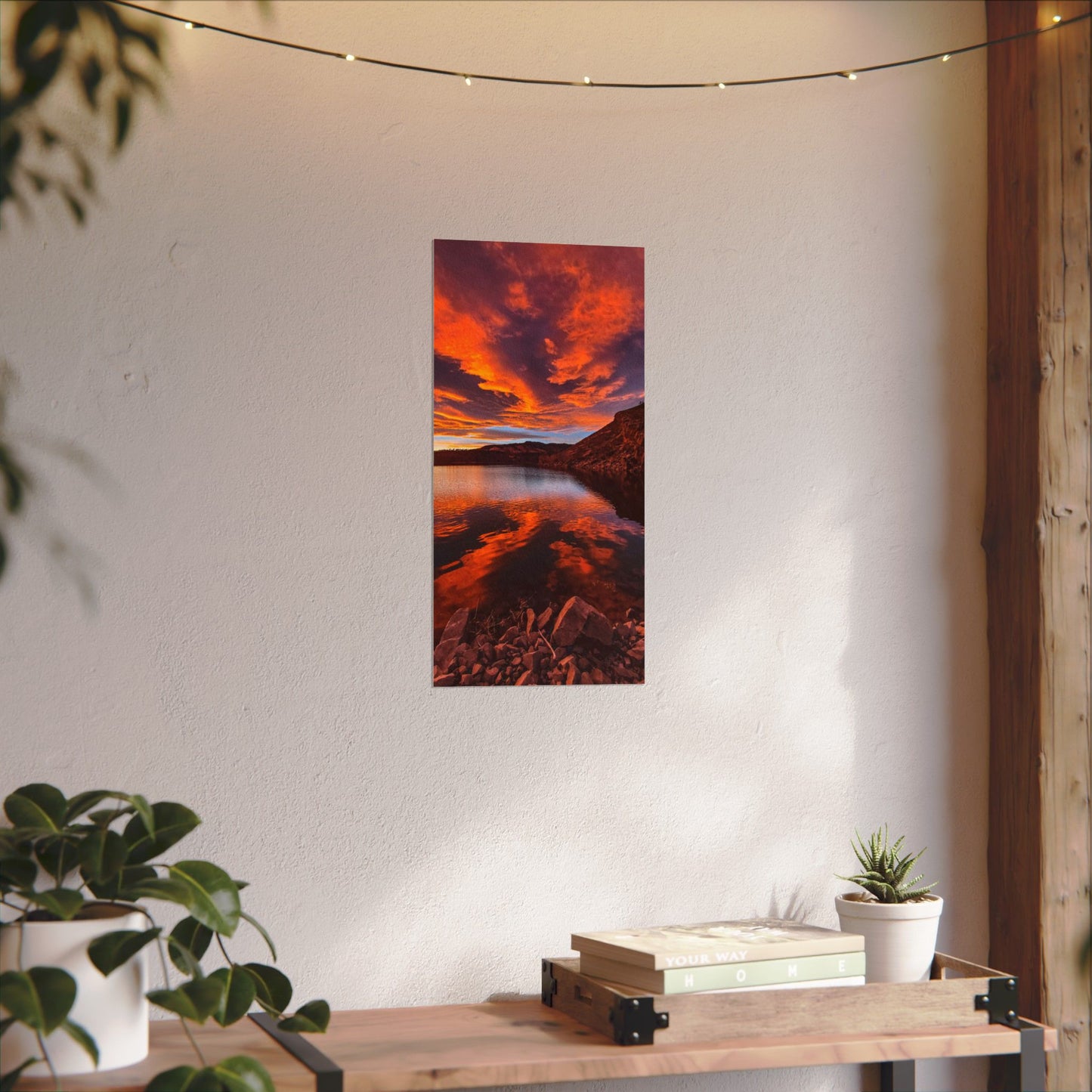 Textured Watercolor Poster - Colorful Sunset Reflection at Horsetooth Reservoir - Tall