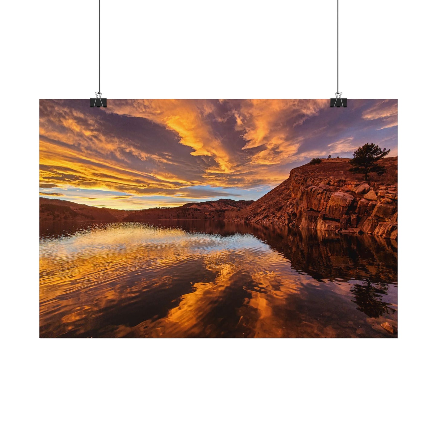 Textured Watercolor Poster - Colorful Sunset Reflection at Horsetooth Reservoir