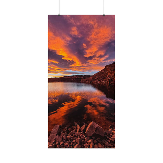 Textured Watercolor Poster - Colorful Sunset Reflection at Horsetooth Reservoir - Tall