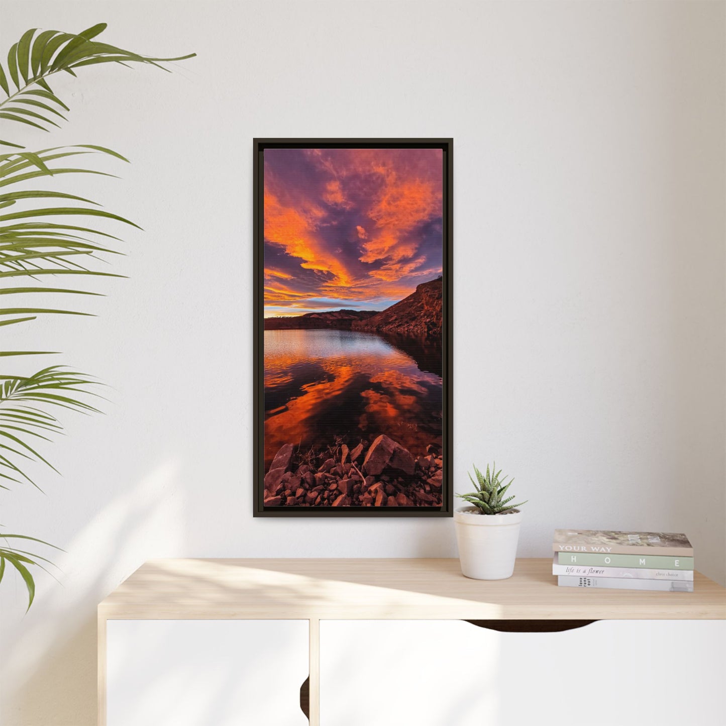 Framed Canvas Print - Colorful Sunset Reflection at Horsetooth Reservoir - Tall