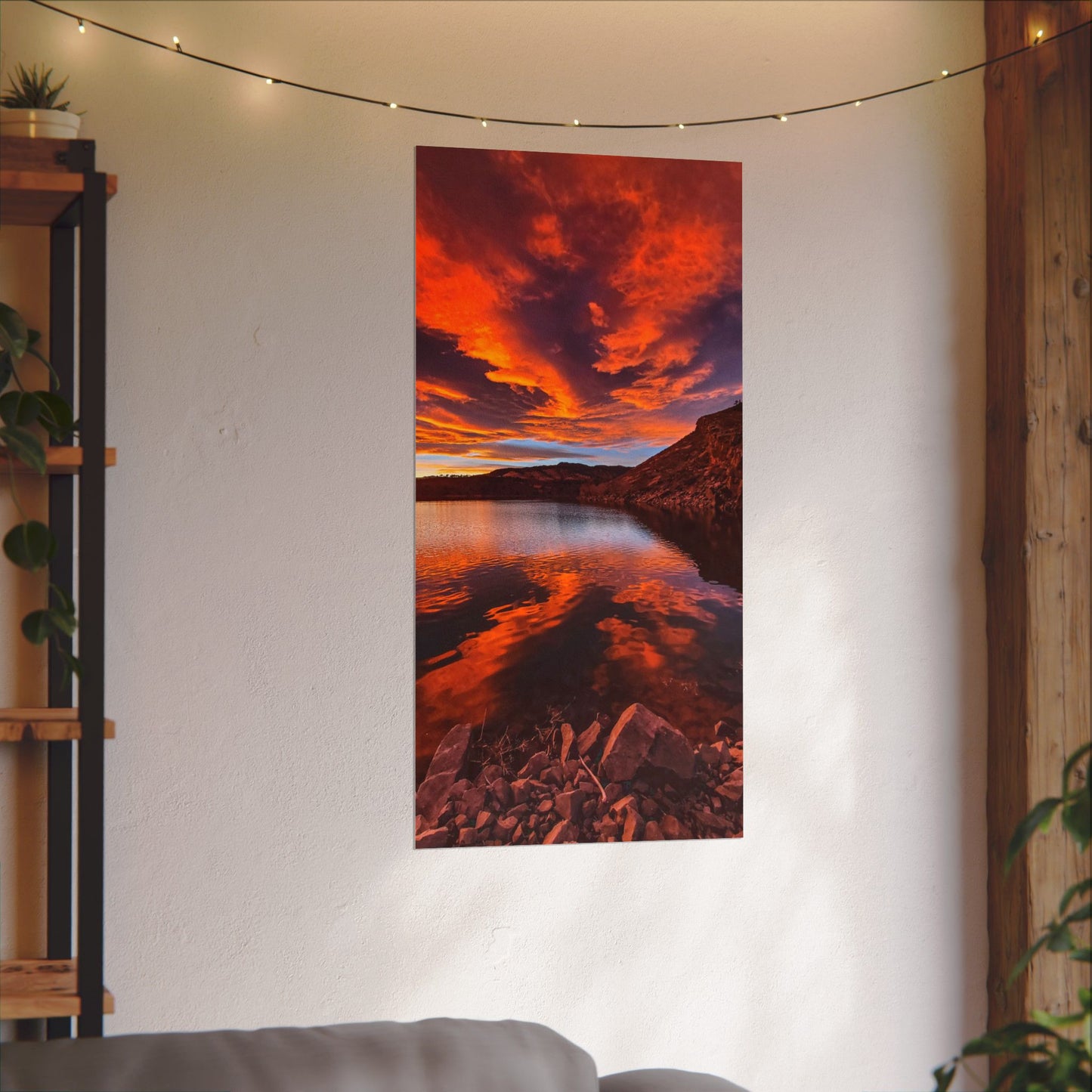 Textured Watercolor Poster - Colorful Sunset Reflection at Horsetooth Reservoir - Tall