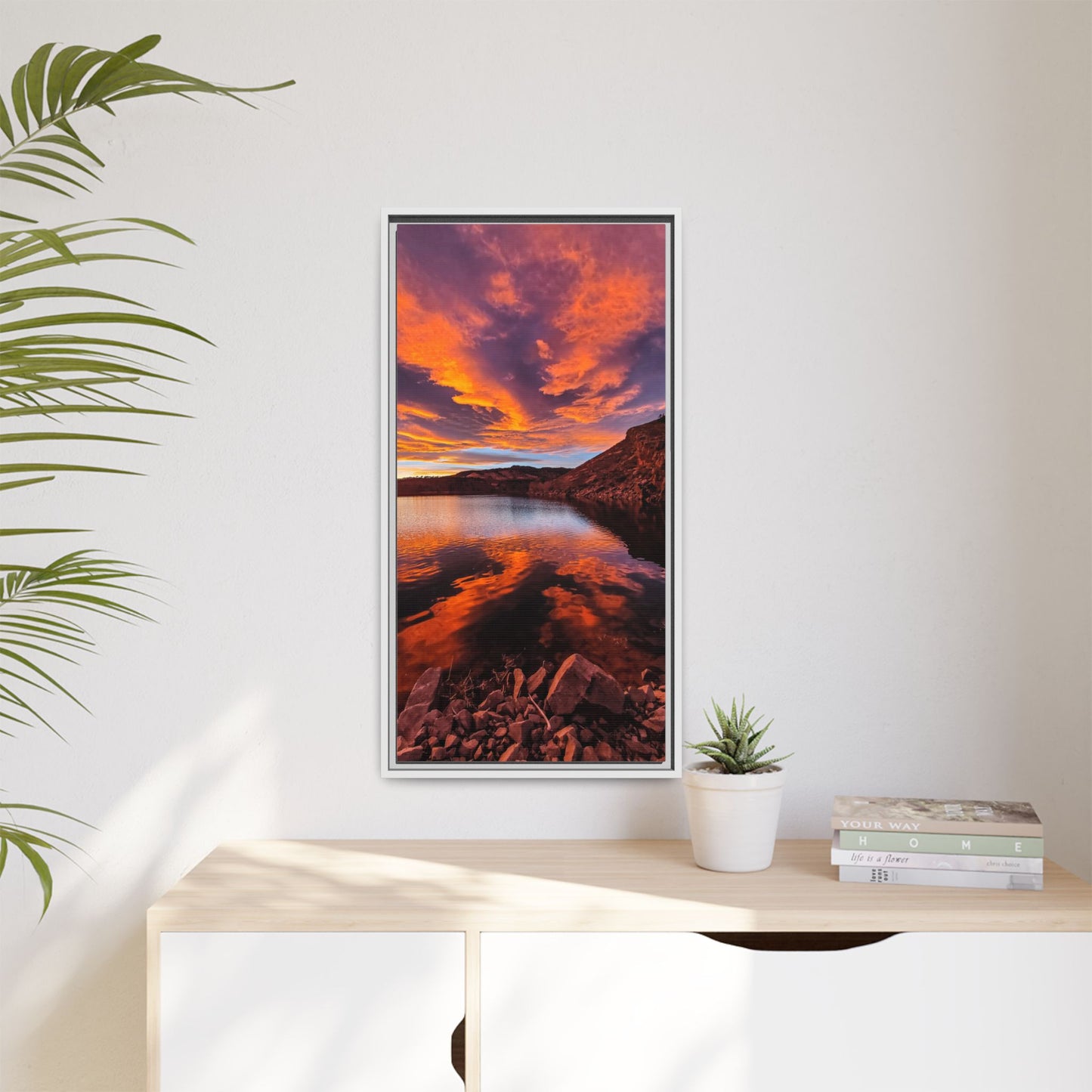 Framed Canvas Print - Colorful Sunset Reflection at Horsetooth Reservoir - Tall