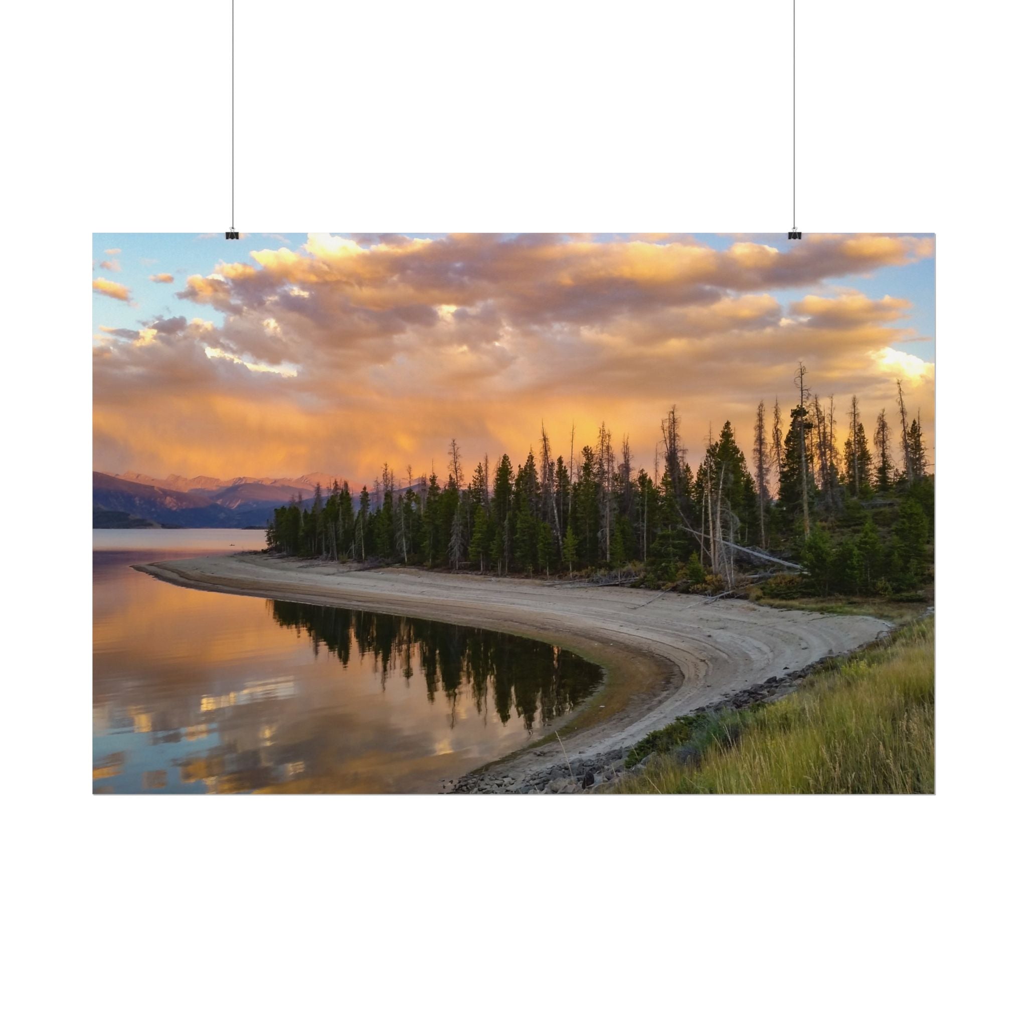 textured-watercolor-poster-colorful-sunset-reflection-at-lake-granby-in-colorado