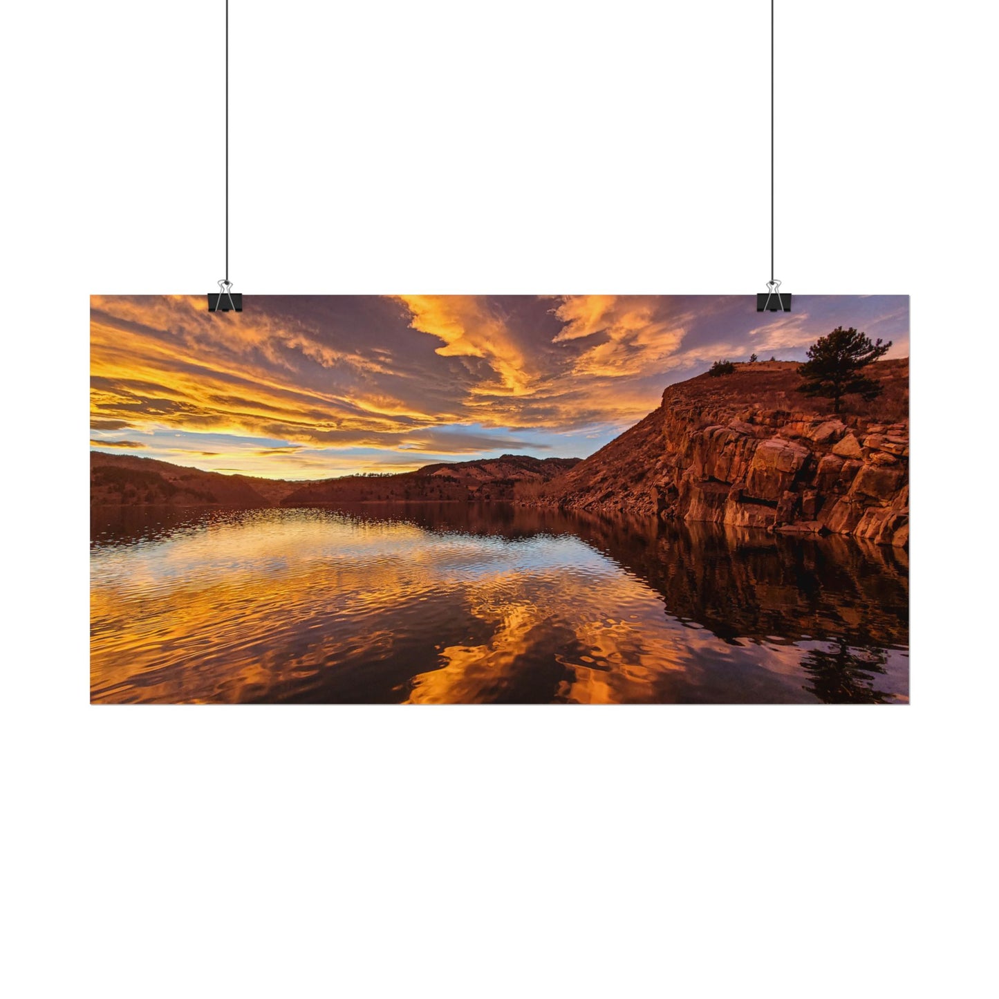Textured Watercolor Poster - Colorful Sunset Reflection at Horsetooth Reservoir