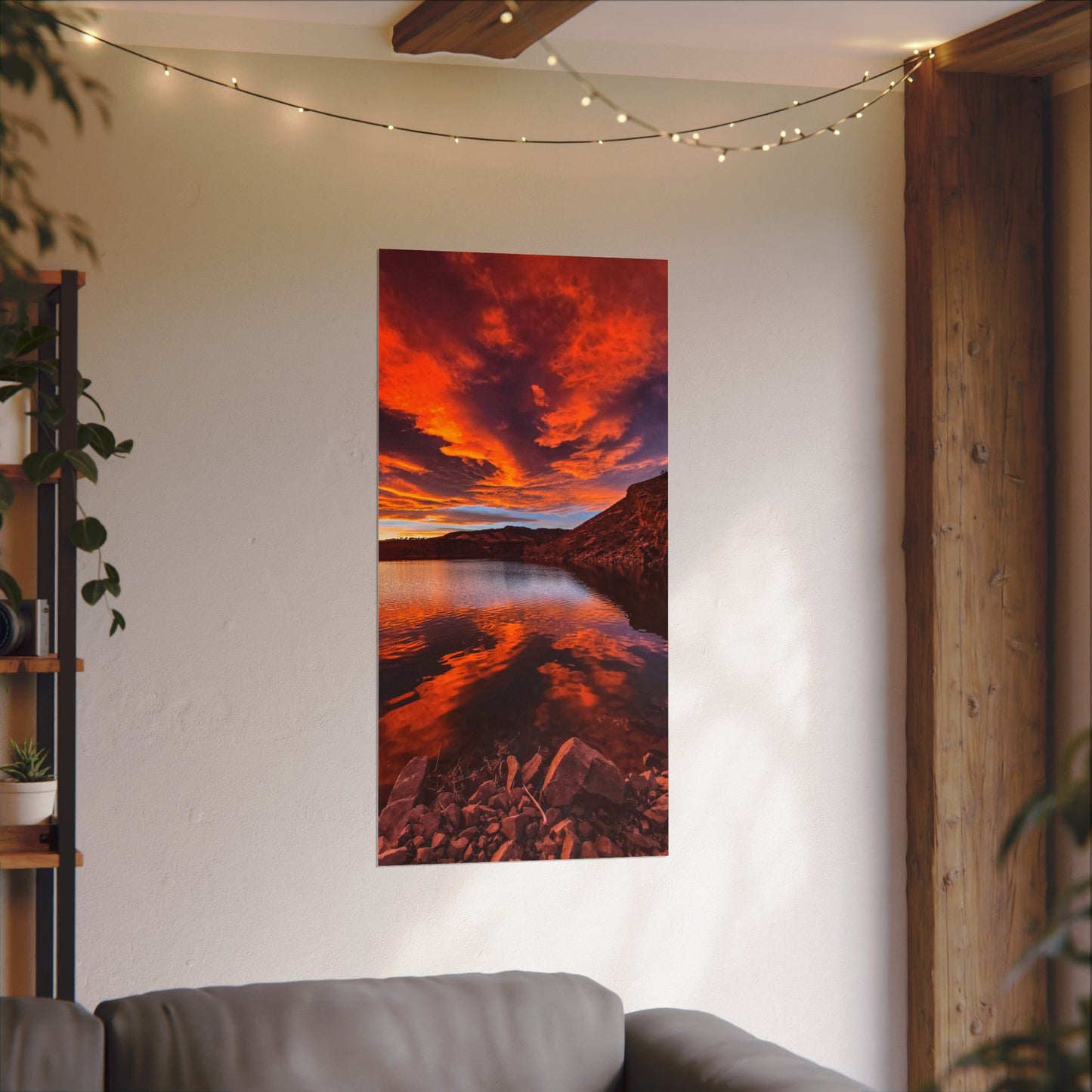 Textured Watercolor Poster - Colorful Sunset Reflection at Horsetooth Reservoir - Tall