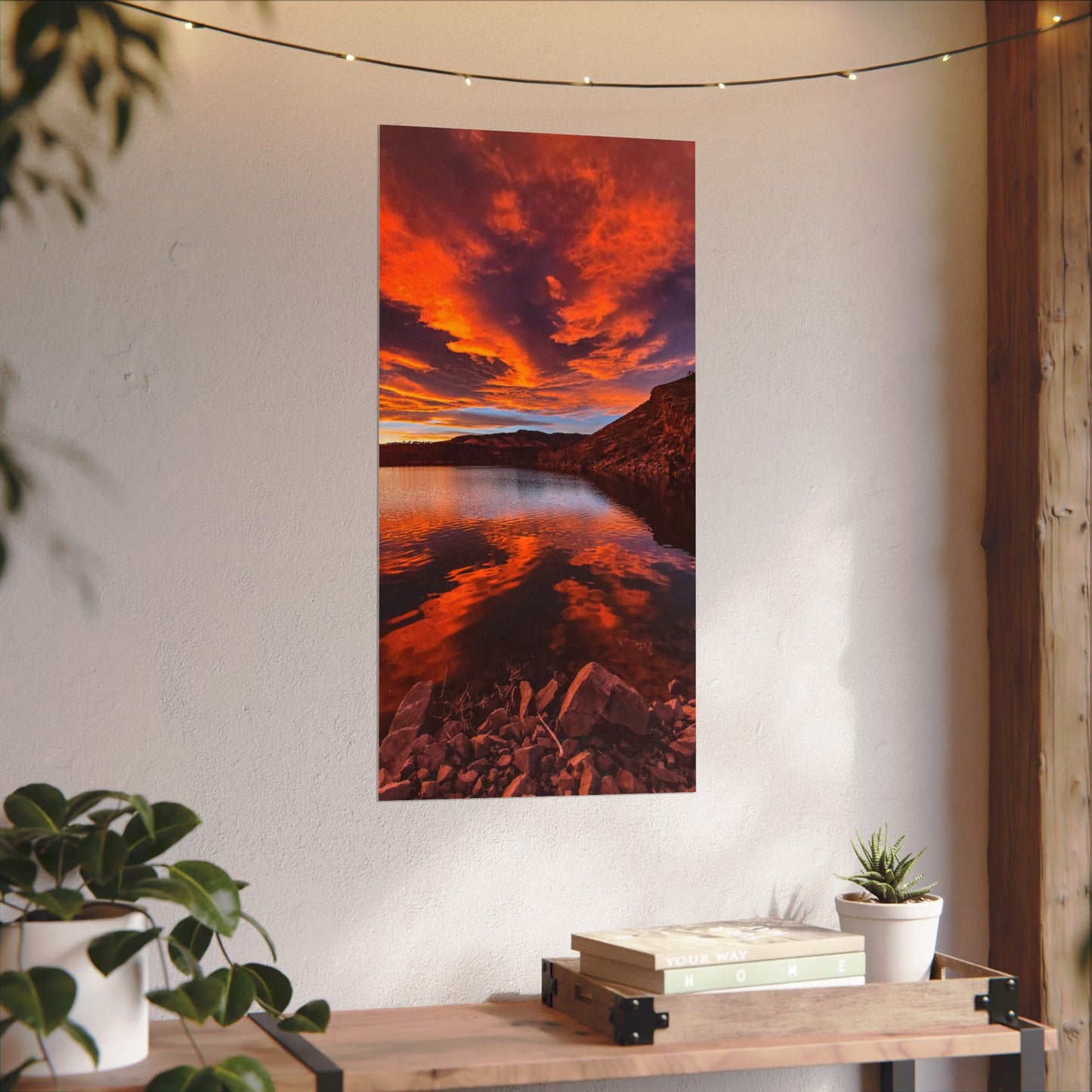 Textured Watercolor Poster - Colorful Sunset Reflection at Horsetooth Reservoir - Tall