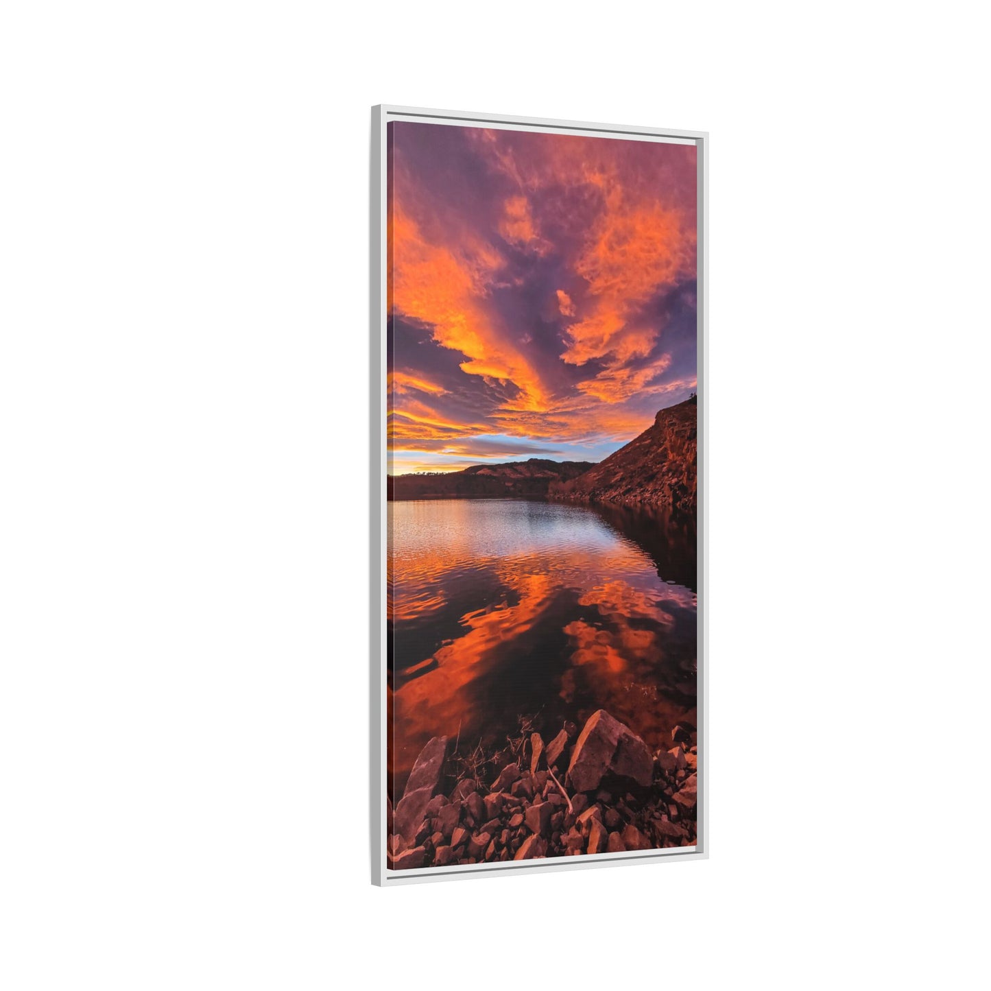 Framed Canvas Print - Colorful Sunset Reflection at Horsetooth Reservoir - Tall
