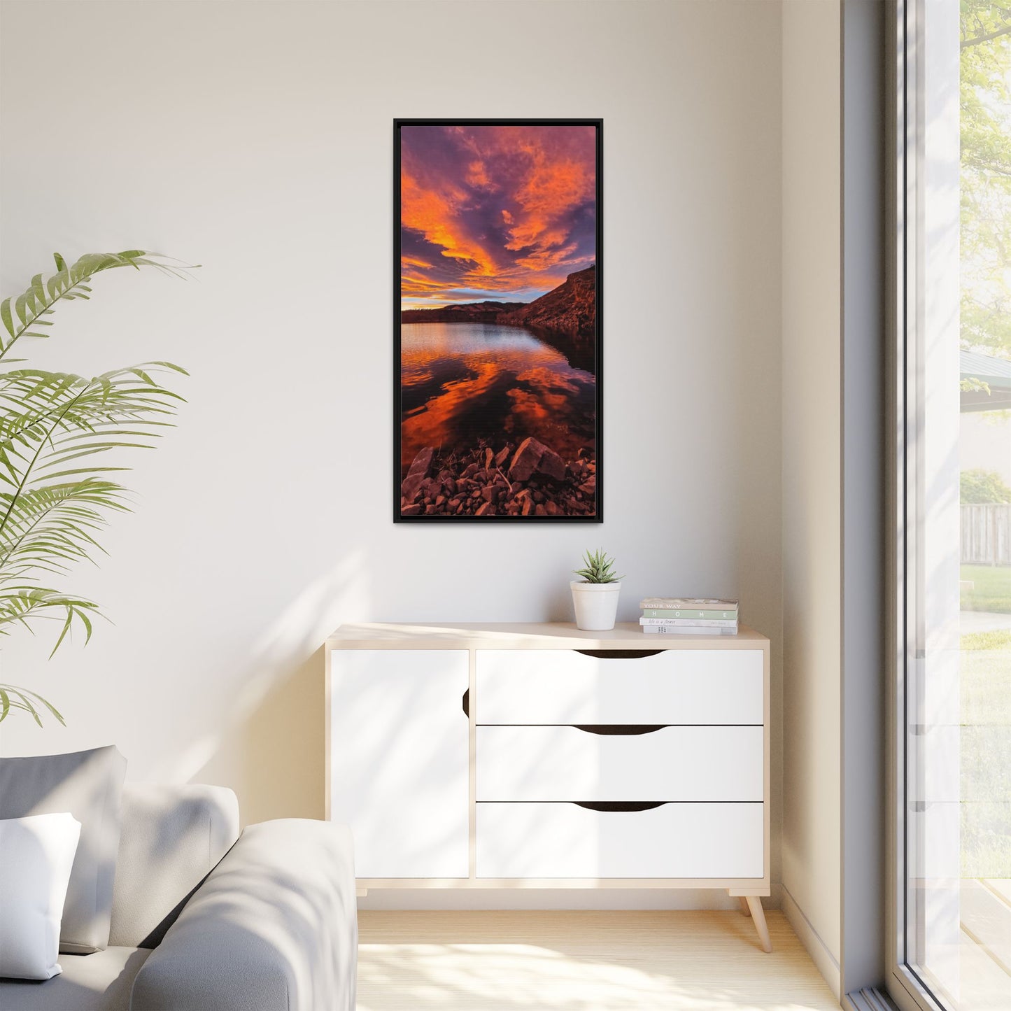 Framed Canvas Print - Colorful Sunset Reflection at Horsetooth Reservoir - Tall